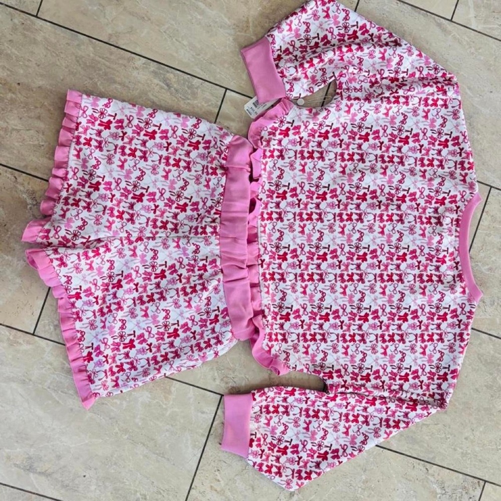Simply Southern Pink White Bow Print Ruffle Pajama Lounge Set Women Large NEW - Picture 6 of 7